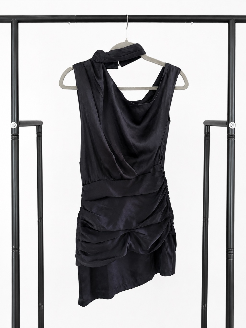 DO+BE Black One-Shoulder Satin Asymmetric Ruched Mini Dress